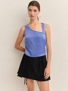 Nöista 不对称缎面上衣，外出可爱夏季度假上衣 - 藍色 - 查看 2