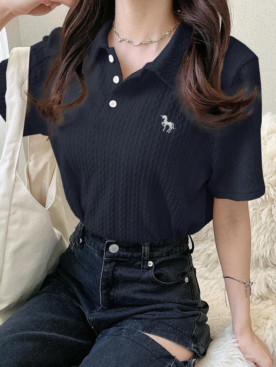 FRIFUL 女士杏色基础款 Polo 领刺绣 T 恤,翻领短袖夏季服装 - 藏蓝色 - 查看 1
