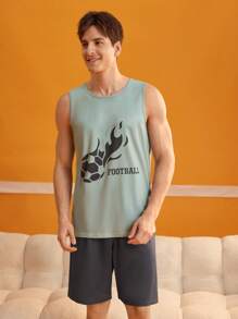 SHEIN Men's Letter Print Vest And Shorts Loungewear Set - Light Grey - View 1