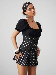 ROMWE Avant Retro Polka Dot Low-Cut Puff Sleeve Fitted Mini Dress, Vacation/Holiday Style - Black - View 5
