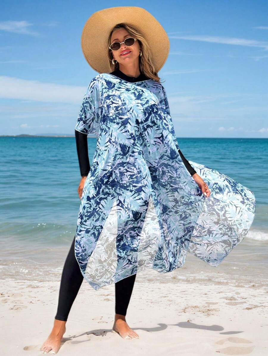 Swim Mulvari Spring Women's Floral Print Long Sleeve Beach Cover Up Dress With High Slit, Lightweight, Suitable For Spring And Summer - Multicolor - View 1