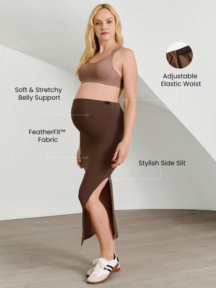 FeatherFit™ Full Of Grace Maternity High Waist Side Slits Stretchy Slim Fit Maxi Skirt Pregnancy Low Impact Yoga Pilates Studio Daily Casual Wear
