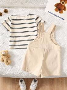 SHEIN 2 件套男童/女童夏季韩版休闲可爱卡通条纹印花短袖 T 恤 + 卡通熊背带短裤 2 件套，适合春夏穿着