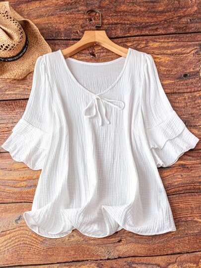 EMERY ROSE Plus Size Women Summer White Casual Vacation Blouse, Featuring Cotton Fabric, Ruffle Sleeves, Bow Decor At Chest, Suitable For Daily Outing, Vacation, Travel, And Leisure