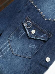 Manfinity LEGND Men's Casual Washed Distressed Denim Shirt - Dark Wash - View 4