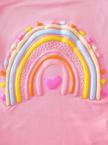 SHEIN 2 件女童休闲彩虹心形图案烫金印花上衣 + 舒适长裤套装