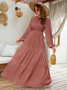 EURMUSE LANTERN LONG SLEEVE LAYERED LONG DRESS - Rusty Rose - View 5