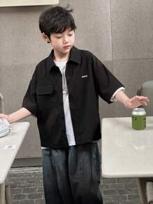 DAZY 青少年男孩街头休闲字母刺绣短袖衬衫，夏季，返校服装 - 黑色 - 查看 8