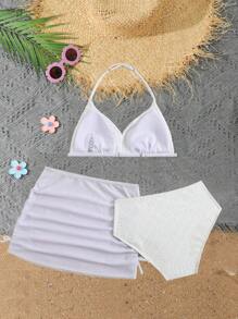 3pcs/Set Tween Girls Swimsuit, Bikini Set For Beach, Party, Swimming - White - View 3