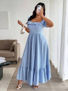 Easura 蓝色格子方领长裙，时尚又适合夏天 - 藍色 - 查看 4