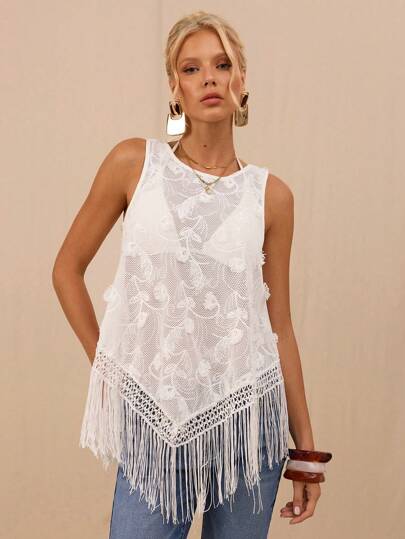SHEIN Forever 21 Blusa de verano para mujer con bordados, cuentas y flecos calados, ideal para fiestas, eventos formales, playa, vacaciones, uso casual, elegante, cumpleaños, salir, club, oficina, festivales, raves, trabajo, estilo clásico, conciertos de música country, brunch, cruceros, estilo "old money", aeropuerto, modesto, iglesia, estilo "fairycore", té, estilo Y2K, ropa de calle, estilo 2000, discoteca, vacaciones de primavera, graduación, invitada de boda, cóctel, vintage, ajustado, resort