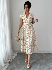 Elenzga Đầm midi thanh lịch họa tiết sọc hình học màu mơ cho nữ - Màu be - Xem 1