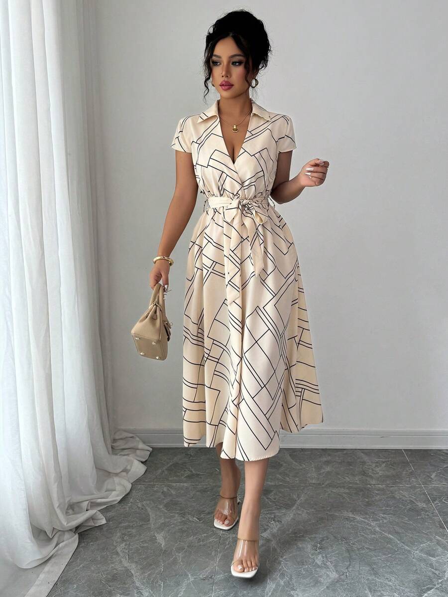 Elenzga Đầm midi thanh lịch họa tiết sọc hình học màu mơ cho nữ - Màu be - Xem 1