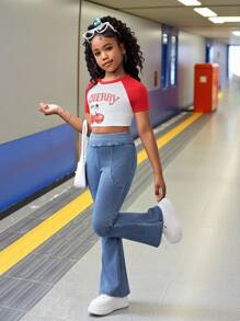 适合青少年女孩的时尚休闲基本款舒适瑜伽健身蓝色针织弹力紧身喇叭牛仔裤，柔软舒适，适合日常穿着，也适合青少年女孩春夏派对、节日和海滩穿着。 - 藍色 - 查看 7