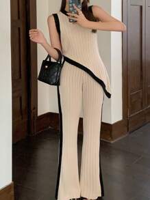SHEIN 1. Conjunto informal de top corto de punto de contraste de color y pantalones de yoga de pierna acampanada, cómodo y para el deporte, para adolescentes chicas. 2. Vestido elegante de estilo escolar en beige, de estilo veraniego, con pliegues, para fiestas, graduación, universidad, elegante y cómodo, de vuelta al colegio
