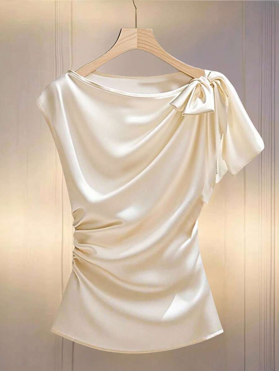 Modelyn Solid Color Satin Draped Bow Decor Women Blouse - Apricot - View 1