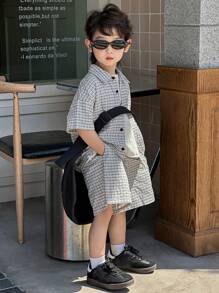Dazy Kids 幼儿男孩格子短袖单排扣衬衫和短裤休闲装 - 黑與白 - 查看 3