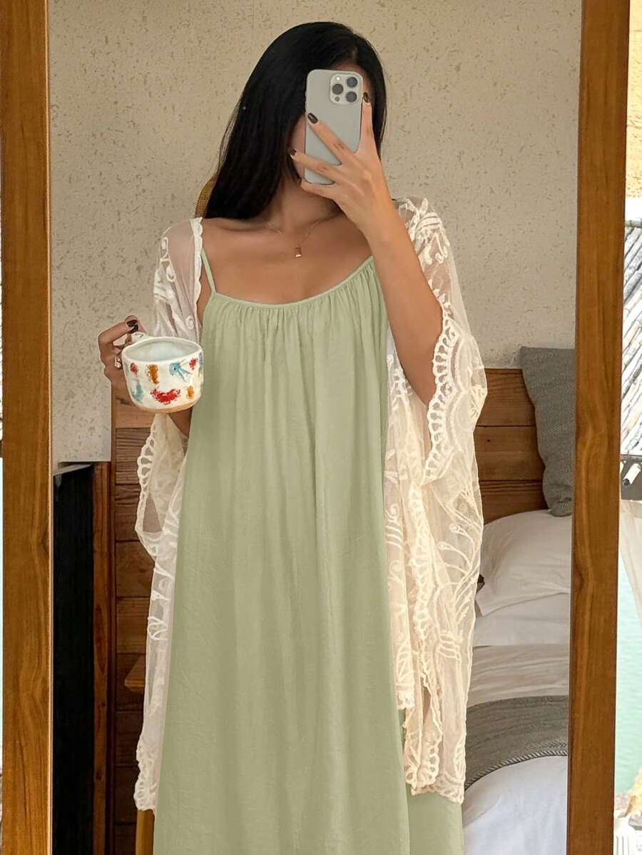 DAZY Bộ 2 món đồ ngủ ren viền cho nữ, váy ngủ hai dây và áo choàng rộng, đồ ngủ thu đông - màu xanh lá - Xem 1
