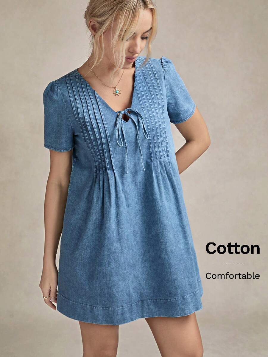 Wildy 女式中长纯色V领短袖连衣裙，夏季时尚