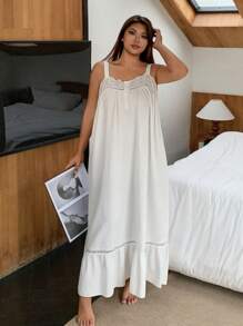 Dazy Plus Plus Size Contrast Lace White Spaghetti Strap Nightgown ,Vacation Pajama