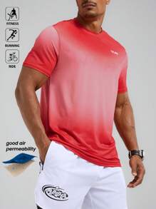 Manfinity Sport Polished Men's Letter Ombre Round Neck Short Sleeve Sports T-Shirt Workout Clothes Running Tees & Tanks, Men Gym Shirt, Sports Outfit Gym Gradient, Men S Dry Fit Shirt, Men Sports Wear, Dry Fit Workout Tops - Red - View 1