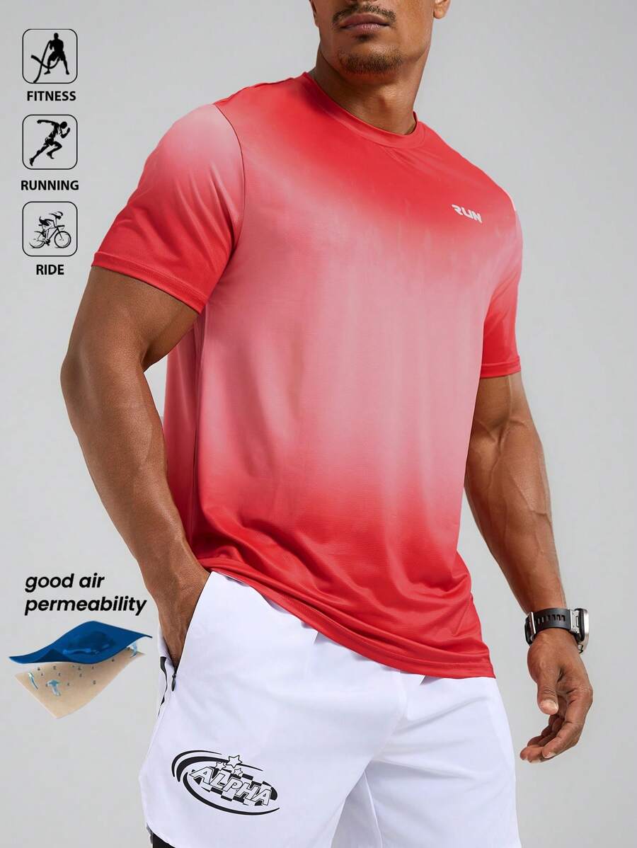 Manfinity Sport Polished Men's Letter Ombre Round Neck Short Sleeve Sports T-Shirt Workout Clothes Running Tees & Tanks, Men Gym Shirt, Sports Outfit Gym Gradient, Men S Dry Fit Shirt, Men Sports Wear, Dry Fit Workout Tops - Red - View 1