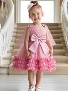 SHEIN Glamorique Kids New Spring Summer Girls Party Flower Girl Dress, Lovely Fluffy Flower Bow Sleeveless Wedding Party Princess Dress Wedding Dusty Pink Elegant - Dusty Pink - View 1
