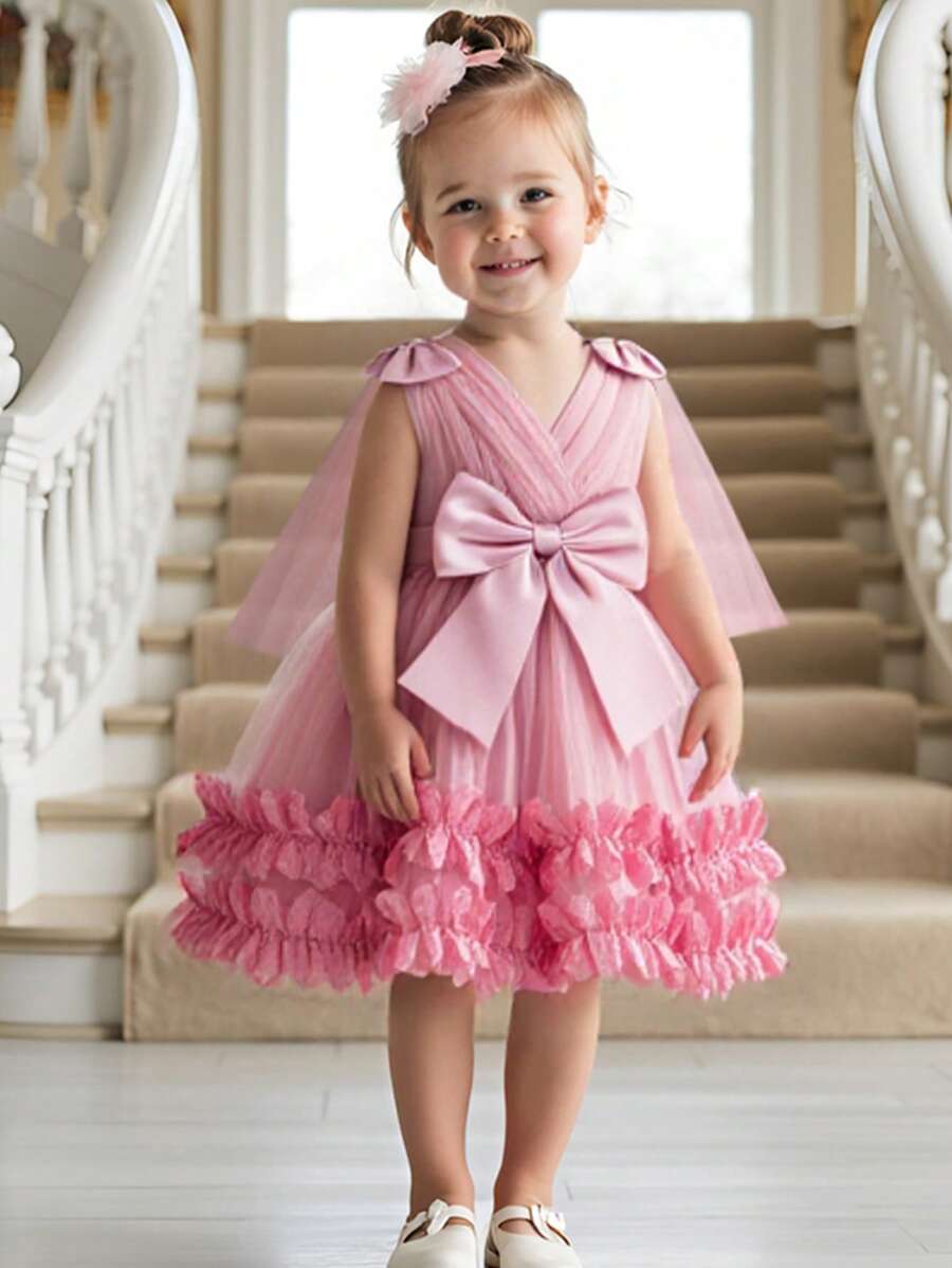 SHEIN Glamorique Kids New Spring Summer Girls Party Flower Girl Dress, Lovely Fluffy Flower Bow Sleeveless Wedding Party Princess Dress Wedding Dusty Pink Elegant - Dusty Pink - View 1