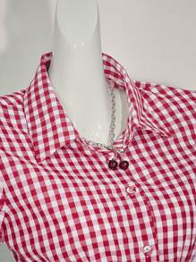 Sweetina 女士休闲收腰格子衬衫 - 紅白色 - 查看 6