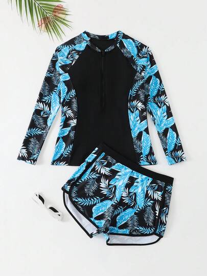 SHEIN 2pcs Set Baju Renang Tankini Lengan Panjang Motif Tropis untuk Remaja Perempuan, Perlindungan UPF