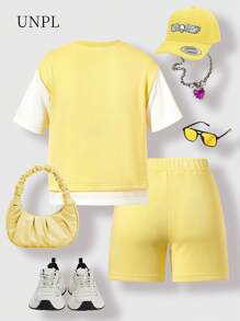 SHEIN Set de 2 piezas Top de punto con estampado gráfico de letras y pantalones cortos, conjunto informal y cómodo, adecuado para jugar al aire libre, verano - Multicolor - Ver 2