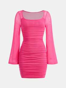 SHEIN Girlism Vestido de punto casual con cuello de tripulación, mangas acampanadas y pliegues de tul para niña adolescente