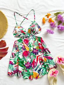 Soleia Women's Tropical Plant Print Spaghetti Strap Backless Tie Waist Rompers - Multicolor - View 1