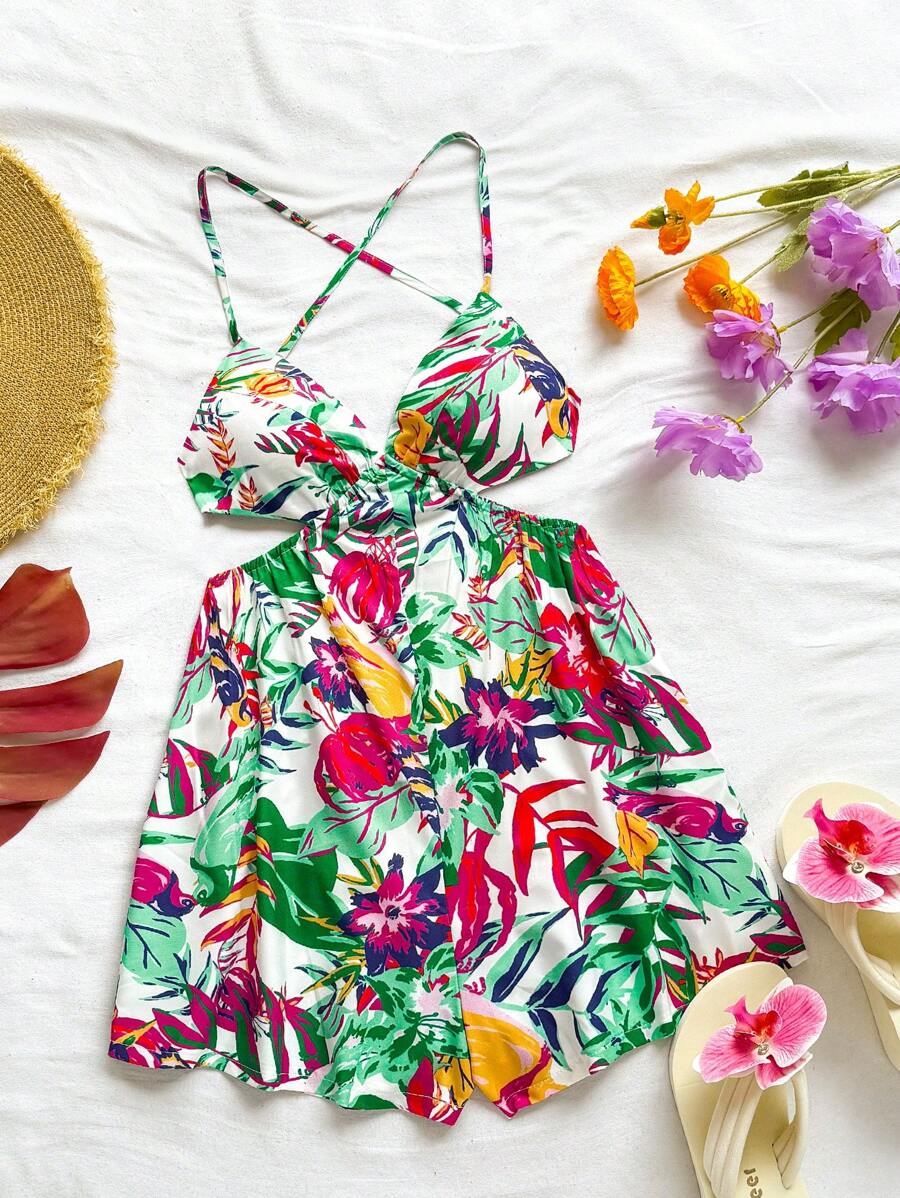 Soleia Women's Tropical Plant Print Spaghetti Strap Backless Tie Waist Rompers - Multicolor - View 1