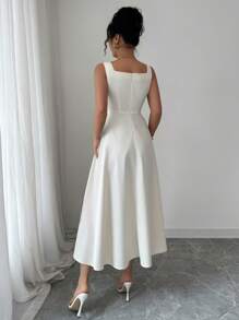 Elenzga 女式杏色优雅高腰喇叭中长连衣裙 - 杏色 - 查看 2