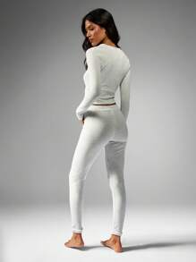 Missguided x Playboy MISSGUIDED Conjunto de pijama informal de manga larga tipo Henley con top corto y pantalón, de punto acanalado suave ultra