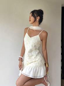 Siren Gaze 夏季新款女士优雅刺绣迷你连衣裙 - 杏色 - 查看 5