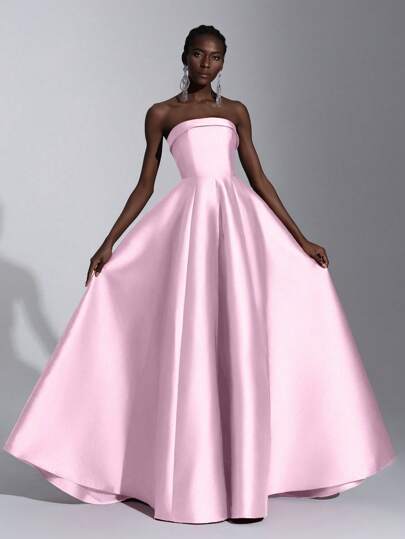 Elitara Elegant Luxurious Ruffle Tube Dress Suitable For Wedding, Bachelorette Party, Vacation, Formal Ball, Evening Gala (Embellished), Gown, For Wedding Guest Pink