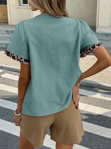 SHEIN Frenchy Women Short Sleeve Solid Color Blouse With Contrast Trim, Fashionable For Summer Casual Blue Elegant - Blue - View 2