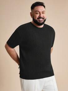 EASEVO Plus Size Men's Slim Fit Cable Knit Black Crew Neck Short Sleeve Sweater, School, For Fall Winter