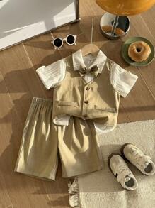 Set da 2 pezzi moda per bimbi maschi: Gilet monopetto kaki con fiocco rimovibile, tasche decorative e pantaloncini casual, stile elegante adatto per festa di compleanno, evento, matrimonio, festa di nascità