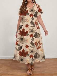 EMERY ROSE Gaun Wanita Ukuran Besar Kasual Motif Daun Maple Leher V Lengan Pendek, Cocok untuk Musim Panas, Gaun Santai, Gaun Musim Panas yang Elegan - MultiWarna - View 3