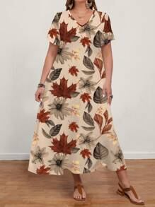 EMERY ROSE Gaun Wanita Ukuran Besar Kasual Motif Daun Maple Leher V Lengan Pendek, Cocok untuk Musim Panas, Gaun Santai, Gaun Musim Panas yang Elegan - MultiWarna - View 6