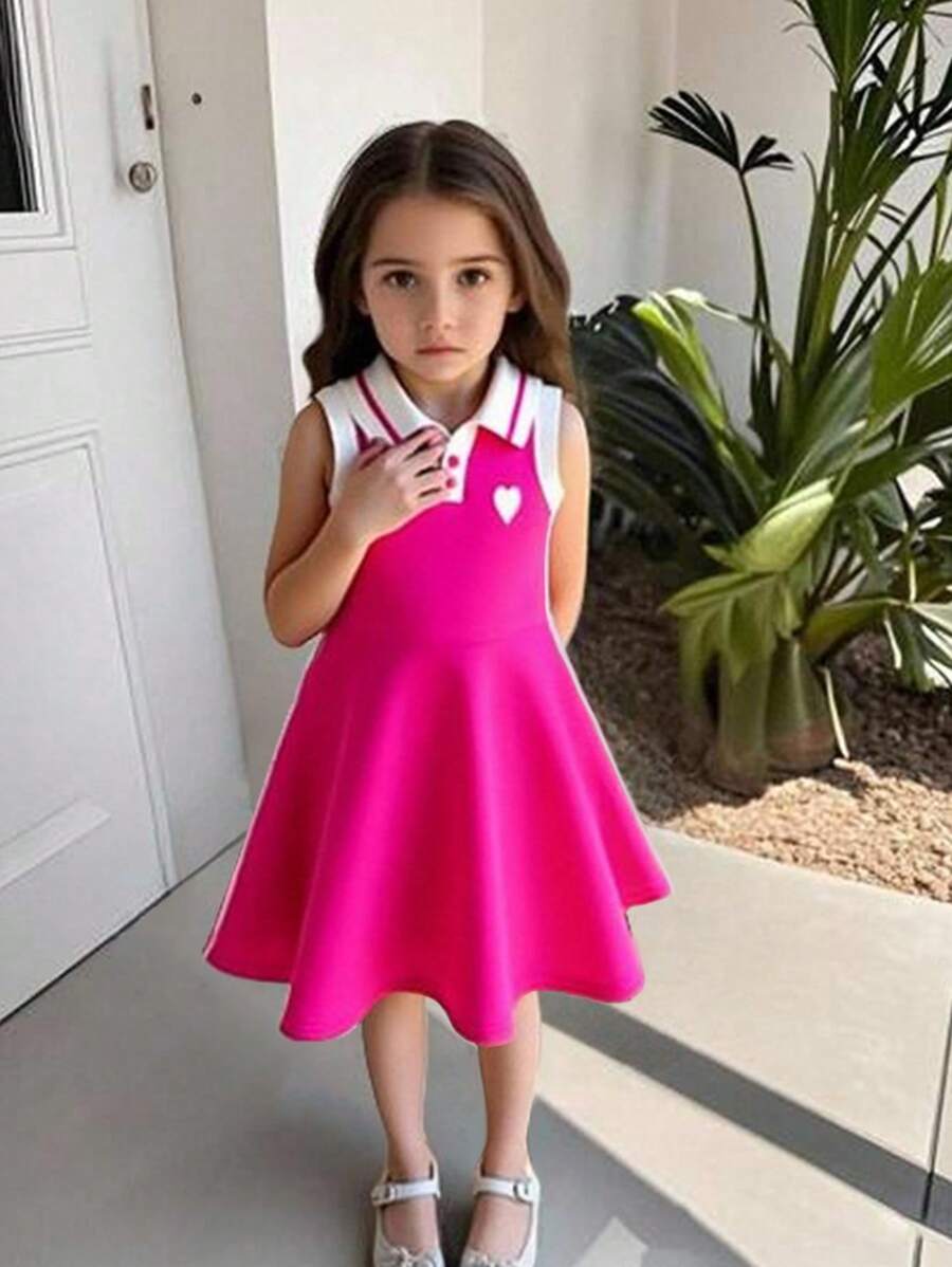 SHEIN 年轻女孩无袖简约风格方领夏季连衣裙 - 玫紅色 - 查看 1