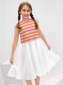 SHEIN 青少年女孩休闲简约舒适圆领无袖镂空心形后背连衣裙 - 藍色 - 查看 1