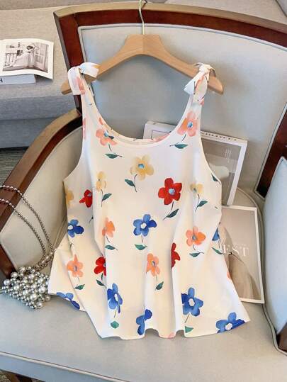 GlowEve CURVE 大码女式印花蝴蝶结吊带背心，清新甜美优雅的田园度假休闲夏季上衣