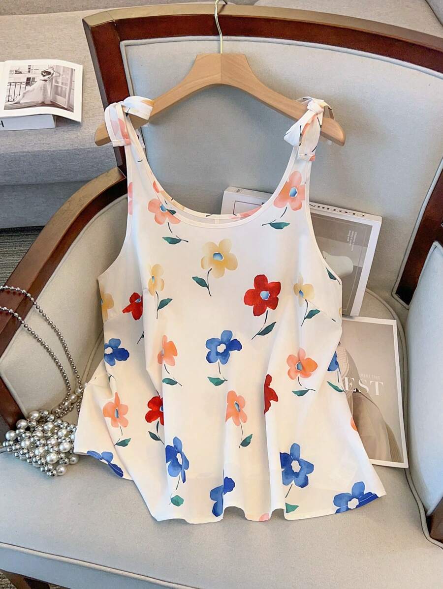SHEIN LUNE CURVE Áo hai dây cỡ lớn dành cho nữ, họa tiết hoa, thắt nơ, kiểu dáng tươi tắn, thanh lịch, thích hợp cho kỳ nghỉ hè. - Nhiều màu - Xem 1