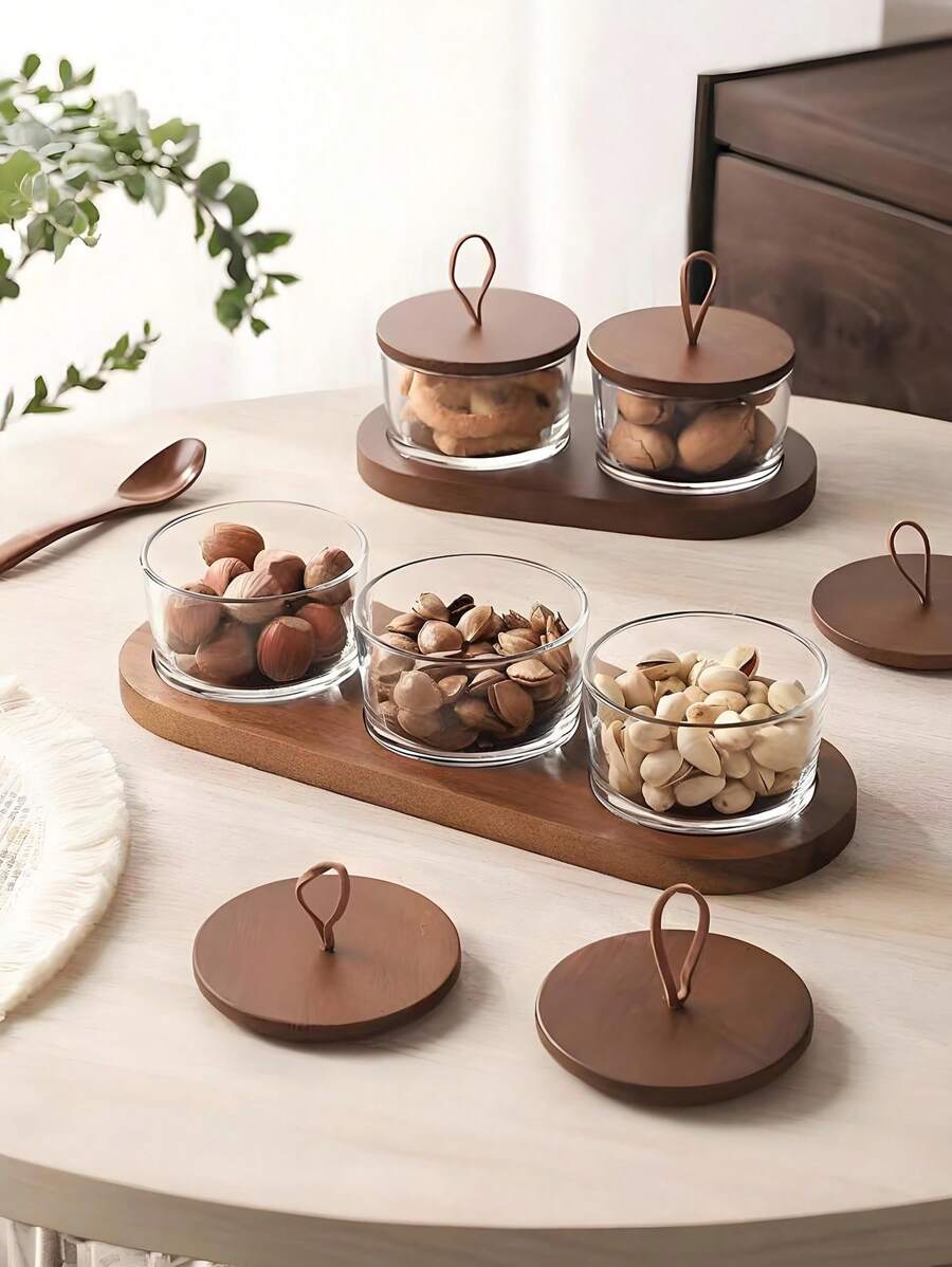 2PCs/Set Or 4PCs/Set Or 6PCs/Set Nut Bowl Set, Fruit Platter, Mini Snack Plate With Wooden Tray, Transparent Nut Jar With Lid, Fruit Bowl With Lid, Creative Snack Box, Decorative Fruit Container, Room Decoration, Kitchen Accessory