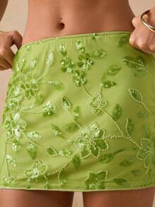SHEIN BAE Váy mini hoa đính cườm lưng thấp màu xanh lá cây, váy lấp lánh cho kỳ nghỉ ở bãi biển, phù hợp cho mùa xuân/hè - màu xanh lá - Xem 7