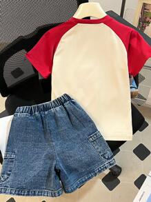 SHEIN 小男孩字母印花、撞色心形设计短袖 T 恤和牛仔裤 2 件套、母子装（单独出售） - 彩色 - 查看 2